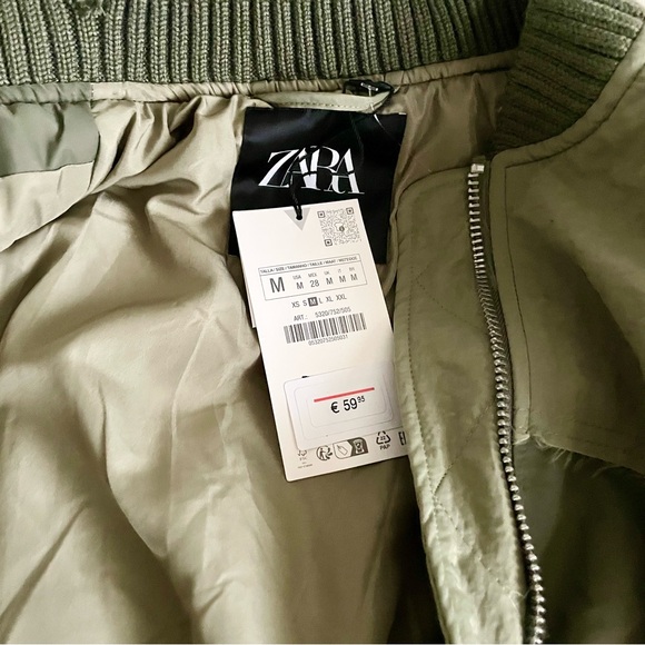 ZARA Water Repellant Patchwork Bomber Jacket Green Oversized Size Medium Padded - Picture 8 of 13